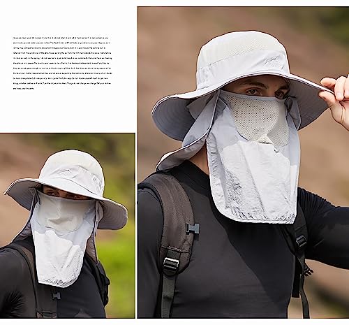 Sun Hat for Men Women, Summer UV Sun Protection Wide Brim Fishing Hat for Men with Face Cover & Neck for Hiking - color: Light Grey(with Face Cover & Neck Flap)