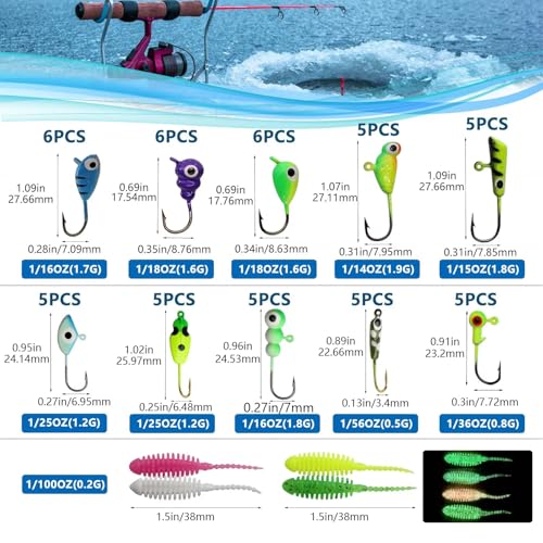 Dovesun Ice Fishing Jigs Kit Ice Fishing Lures Glow in The Dark Fishing Gear Lures 20-93Pcs Jig Head with Tackle Box for Panfish Walleye Crappie Perch Bluegil Trout - color: 93pcs