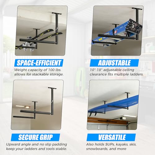 Stainless Steel Ceiling Storage Rack, 10"-18" Height Adjustable,Kayak Overhead Garage Storage Rack, Holds 100 lbs, for High-Altitude Storage of Kayaks, Surfboards, Canoes, Skis, and Ladders - style: Single