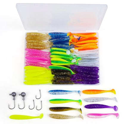 Soft Fishing Lures，90pcs Fishing Soft Plastic Lures and 5pcs Fishhook,Paddle Tail Swimbaits Soft Plastic Lures Kit for Bass Trout Walleye Crappie