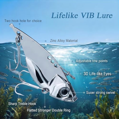 5 Pack Metal Fishing Spoons Blade Baits VIB Lures, Hard Fishing Lures for Bass Walleye Pike Crappie Freshwater & Saltwater Fishing（Includes a Convenient Storage Box）