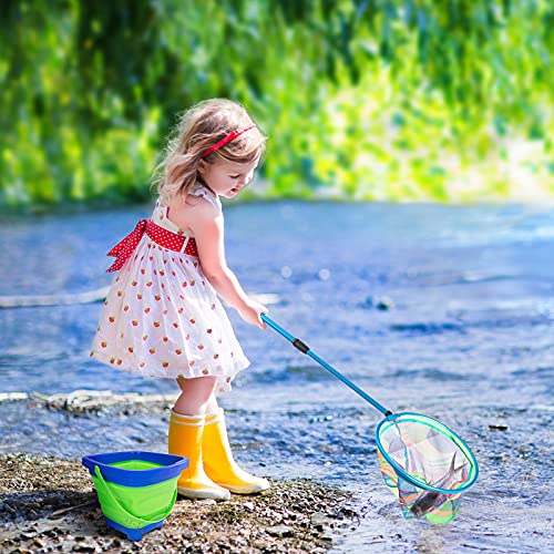 Kids Fishing Net, 2 Pack Telescopic Landing Nets with Aluminum Pole Handle, Collapsible Bucket Sand Pail, Butterfly Net, Fishing Net for Youth, Outdoor Playing - color: Pink and Blue