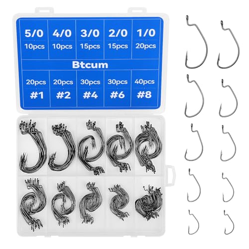 210 Pcs Fishing Hooks, Worm Hooks for Bass Fishing, Ewg Hooks for Soft Plastic Baits in Saltwater or Freshwater #8#6#4#2#1 1/0 2/0 3/0 4/0 5/0