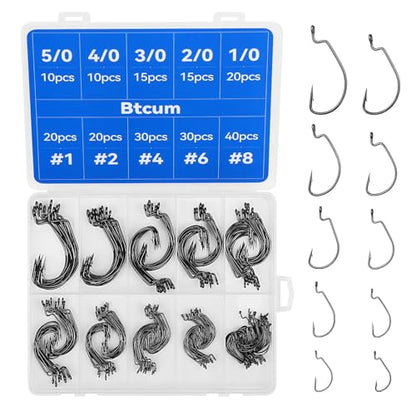 210 Pcs Fishing Hooks, Worm Hooks for Bass Fishing, Ewg Hooks for Soft Plastic Baits in Saltwater or Freshwater #8#6#4#2#1 1/0 2/0 3/0 4/0 5/0