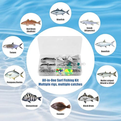 Saltwater Surf Fishing Tackle Kit, 124pcs Saltwater Fishing Gear Fish Finder Rig Pompano Rigs Pyramid Weights Sinker Slider Fishing Hooks Swivels Snaps Various Accessories