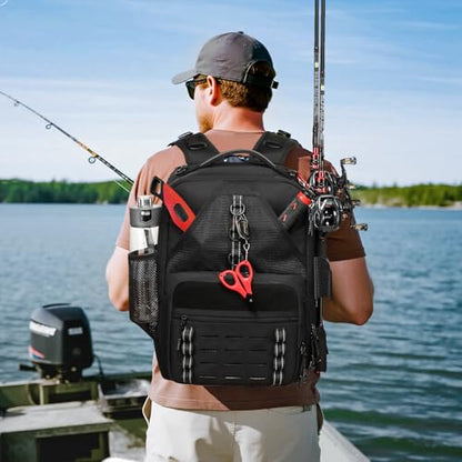 Fishing Tackle Backpack,Tackle Bags with 2 Rod Holders & 4 Tackle Boxes, Water-Resistant Large Tackle Bag Storage Bag for Fishing Gear, Fisher Gifts for Men, Black - color: A-Black with 4 Tackle Boxes