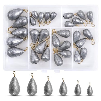 Fishing Weights Sinker Kit-30pcs Assorted Bass Casting Sinker Weights Bell Sinkers Drop Shot Weights with Brass Swivels for Saltwater Freshwater Fishing