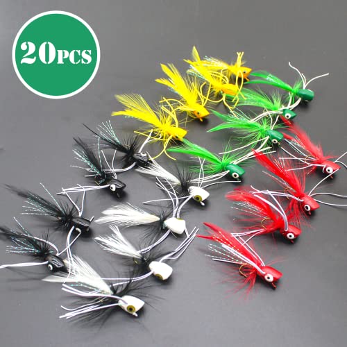 Fly Fishing Poppers, Topwater Fishing Lures Bass Crappie Bluegill Sunfish Panfish Trout Salmon Perch Steelhead Flies for Fly Fishing Bass Panfish Bluegill Trout Salmon - color: 20pcs