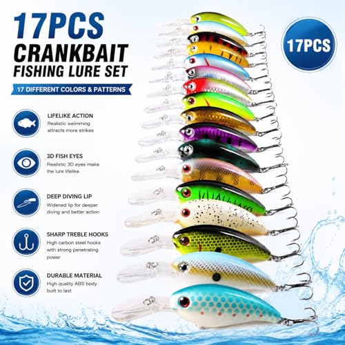 Crank Baits for Bass Fishing,17PCS Deep Diving CrankBaits with Storage Box | Realistic Crankbaits for Freshwater Fishing, Bass Lures for Trout Pike Walleye Lake River Fishing Gift