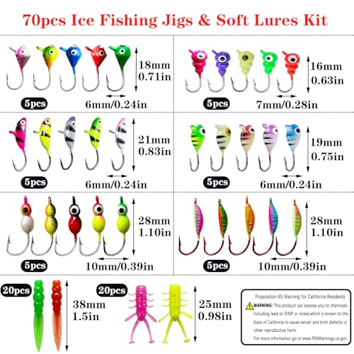 Ice Fishing Jigs Kit Luminous Ice Fishing Lures Soft Plastic Baits Crappie Jig Heads Ice Fishing Gear for Crappie Panfish Walleye Ice Fishing 70pcs
