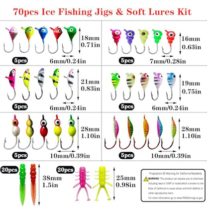 Ice Fishing Jigs Kit Luminous Ice Fishing Lures Soft Plastic Baits Crappie Jig Heads Ice Fishing Gear for Crappie Panfish Walleye Ice Fishing 70pcs