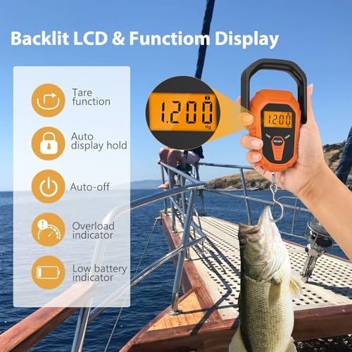 Fish Scale, Waterproof Floating Fishing Scale with Lip Gripper, 110lb/50kg Hanging Digital Fish Digital Scale, Floating with LCD Backlit, Tape Measure for Fishing Hunting, Batteries Included - color: Orange