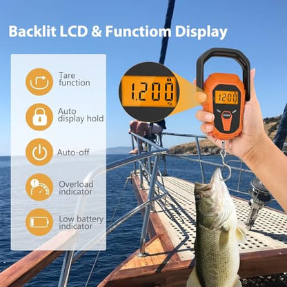 Fish Scale, Waterproof Floating Fishing Scale with Lip Gripper, 110lb/50kg Hanging Digital Fish Digital Scale, Floating with LCD Backlit, Tape Measure for Fishing Hunting, Batteries Included - color: Orange