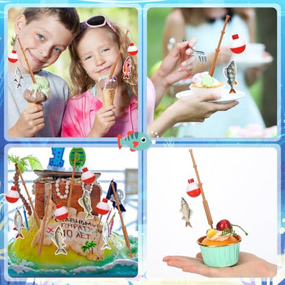 Reallnaive 24 Pcs Fishing Float Cupcake Toppers Fisherman Pole Picks Party Supplies Bulk, 3D Fish Bobber Push Button Round Buoy Floats for Fishing Birthday Party Decorations (Bobber, Fish) - style: Bobber, Fish