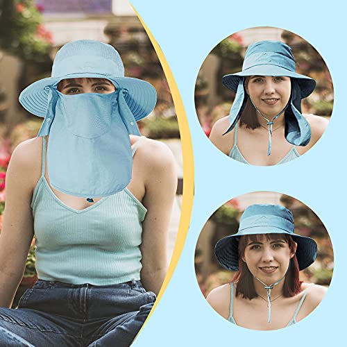 Fishing Hat for Men & Women, Outdoor UV Sun Protection Wide Brim Hat with Face Cover & Neck Flap - color: Light Blue