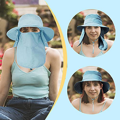 Fishing Hat for Men & Women, Outdoor UV Sun Protection Wide Brim Hat with Face Cover & Neck Flap - color: Light Blue