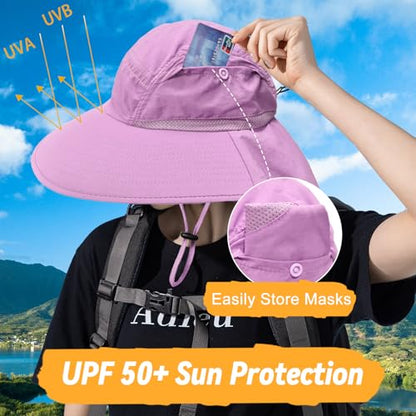Sun Hats for Men Women Detachable Face Cover Wide Brim Fishing Hats with Neck Flap UPF 50+ Outdoor Safari Hats - color: Purple