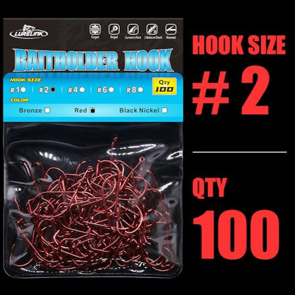 Baitholder Fishing Hooks 100 Pack - Double-Barbed Long Shank for Bluegill Bass Trout Walleye Black/Red, 8/0-#8 - color: 1-Red, size: Size:2 100-Pack