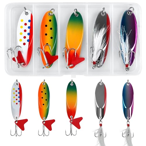 Fishing Spoons Fishing Lures Casting Trout Spoons with Treble Hook Jigging Spoons Hard Metal Spinner Baits for Trout Pike bass Crappie Walleye Freshwater Saltwater Fishing - size: 5g(3/16oz)-5pcs