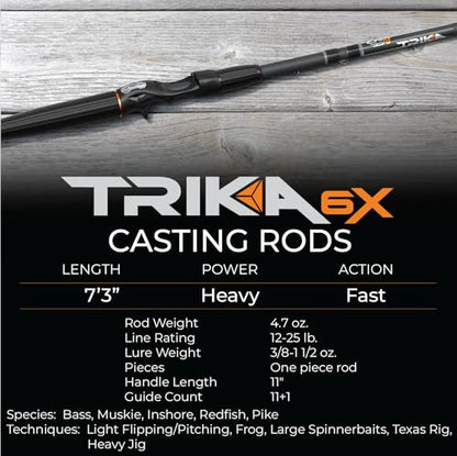 TRIKA 6X Spinning/Casting Carbon Rod Carbon Weave Rod for Extra Sensitive Vibration | Longer Casting | Lightweight Freshwater Fishing Pole - style: Casting 7'3" Heavy/Fast 1pc.