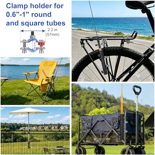 Heavy Duty Fishing Rod Holder for Beach Wagon, Umbrella Holder Clip on Wagon, Cart, Chair for Fishing, Beach, Camping, Ball Park, Fishing Pole Holder with Mount Clamp (3/5” to 9/10” Inner Diameter)
