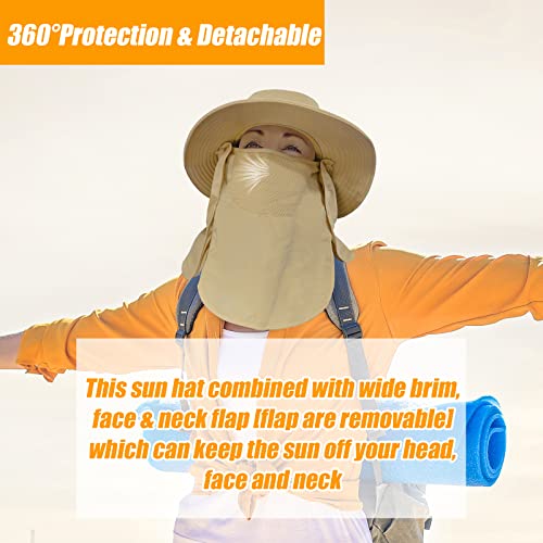 Fishing Hat for Men & Women, Outdoor UV Sun Protection Wide Brim Hat with Face Cover & Neck Flap - color: Khaki