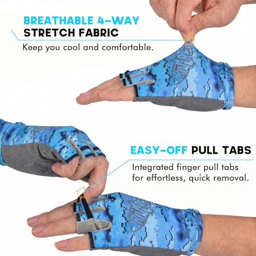 Riverruns SwiftShield Fishing Gloves Shortened Wrist UPF50+ Sun Gloves Fingerless Lightweight Breathable Hiking Driving Kayaking Paddling - color: CamoBlue, size: Small