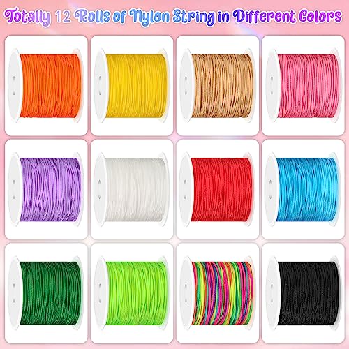 Selizo 12 Rolls Nylon String for Bracelets, Chinese Knotting Nylon Cord for Jewelry Making, Nylon Beading Thread for Kumihimo, Braided Bracelets, Necklaces, Macrame Craft, Wind Chime