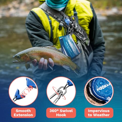 HOOK-EZE Fishing Knot Tying Tool, Waterproof Pocket Guide to 8 Essential Knots, Fly Fishing Zinger Retractor Included