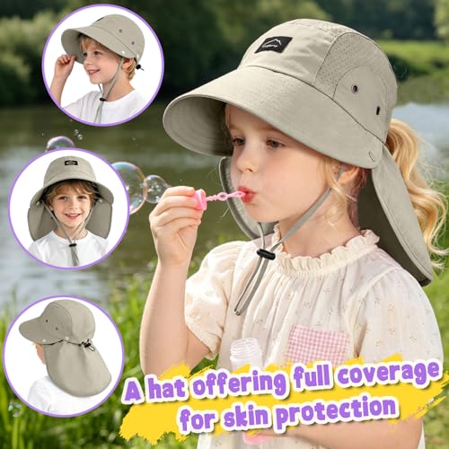 Kids Sun Hat with Detachable Neck Flap for Boys & Girls Wide Brim Fishing Hat for Kids Water Resistant UV Protection - color: 1 Pack-army Green