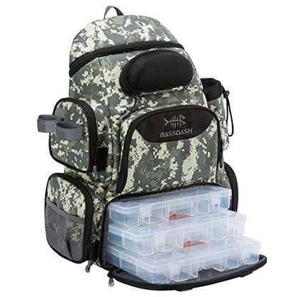 BASSDASH Fishing Tackle Backpack Water Resistant Tactical Bag Soft Tackle Box with Rod Holder and Protective Rain Cover - color: Jungle Camo Backpack [3600] With 3 Trays