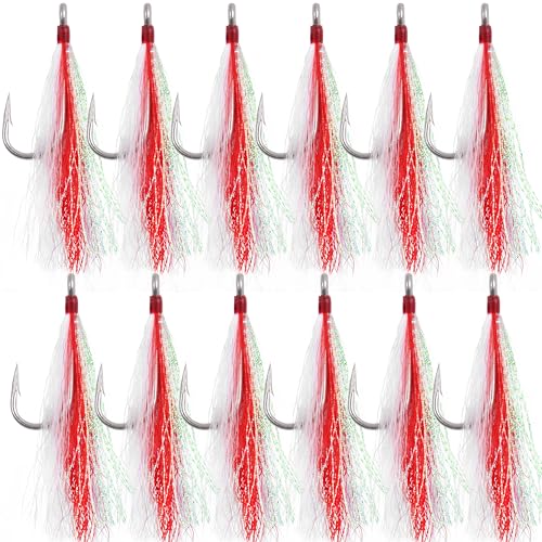Bucktail Teasers Fishing Hooks Saltwater Flounder Rig Bucktail Mylar Teasers Inserted Stainless Steel Fishing Teaser Hooks for Striped Bass Trout Catfish Cod Flounder Hi/Lo Rig Jigs Spoons Lures - color: Red, size: 12pcs