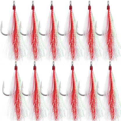 Bucktail Teasers Fishing Hooks Saltwater Flounder Rig Bucktail Mylar Teasers Inserted Stainless Steel Fishing Teaser Hooks for Striped Bass Trout Catfish Cod Flounder Hi/Lo Rig Jigs Spoons Lures - color: Red, size: 12pcs