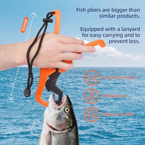RAWILL Fishing Kit,Filleting Knife,Hook Remover,Fish Grip, Line Cutter,Fishing Scale, Pliers with Lanyards,Not Include Batteries - color: Orange