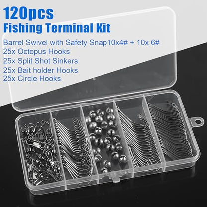 Fishing Hooks Swivel Sinker Set, 120Pcs Fishing Terminal Tackle Assortment Baitholder Octopus Circle Hooks Barrel Swivels Slipt Shot Sinker Weight Beads with Tackle Box