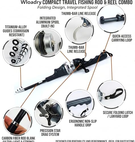 Telescopic Fishing Rod and Reel Combo for Adults & Beginner | Integrated Anti-Tangle Spincast Reel, Pre-Spooled Line, Foldable Pocket Fishing Pole, Compact Travel Gear for Camping, Hiking