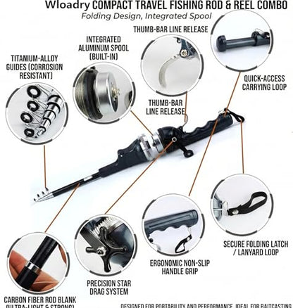 Telescopic Fishing Rod and Reel Combo for Adults & Beginner | Integrated Anti-Tangle Spincast Reel, Pre-Spooled Line, Foldable Pocket Fishing Pole, Compact Travel Gear for Camping, Hiking