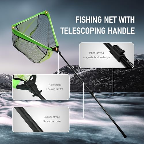 Black Paw Long Fishing Net Large Folding Landing Net with Robust Telescopic Handle for Freshwater and Saltwater, Extend to 45-64 Inch