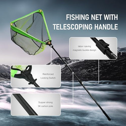 Black Paw Long Fishing Net Large Folding Landing Net with Robust Telescopic Handle for Freshwater and Saltwater, Extend to 45-64 Inch