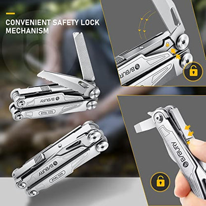 BIBURY Multitool with Pocket Knife, 19-in-1 Stainless Steel Pliers with Scissors, Self-locking Multi tools with EDC Sheath for Home, Camping, Hiking, Survival, Gifts for Men, BI2038A - size: 19-IN-1