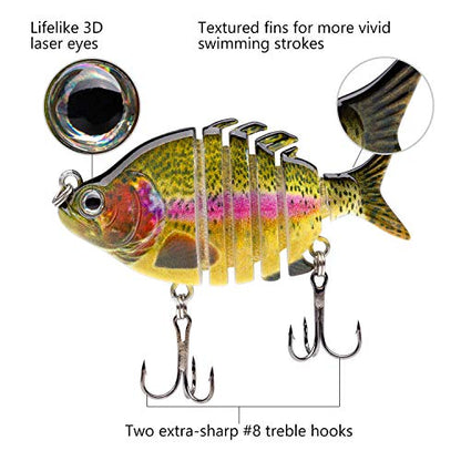 Bassdash SwimPanfish 0.34oz Hard Swimbaits Multi Jointed Topwater Trout Bass Fishing Crank Lure for Freshwater and Saltwater - color: Rainbow