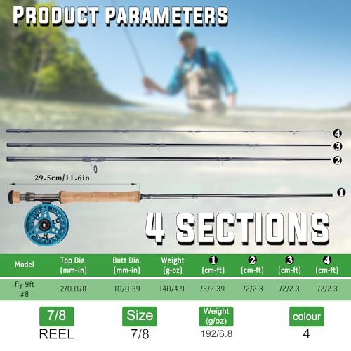Sougayilang 5/6 Weight 9ft Fly Rod, 4-Piece Graphite Rod, Die Cast Aluminum Reel, Carrying Case, Fly Box & Fishing Flies Combo Starter Kit - color: Fly Fishing Combo #8-Blue