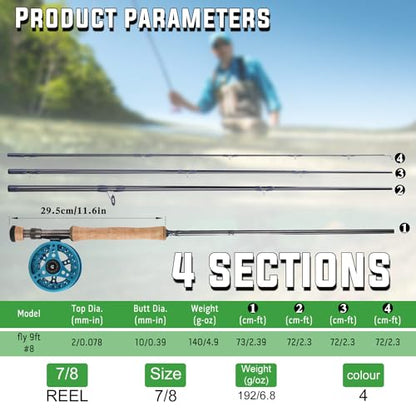 Sougayilang 5/6 Weight 9ft Fly Rod, 4-Piece Graphite Rod, Die Cast Aluminum Reel, Carrying Case, Fly Box & Fishing Flies Combo Starter Kit - color: Fly Fishing Combo #8-Blue