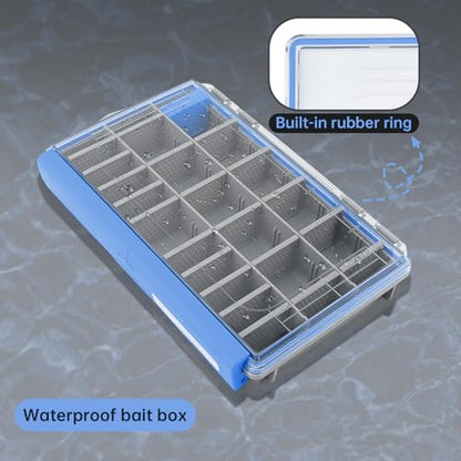 Conskyee Waterproof Fishing Tackle Box - 10.63"x7.08"x1.77" Portable Clear Storage Organizer with Removable Dividers, Small Blue Tackle Trays for Lures, Jigs, Terminal Tackle & Bait