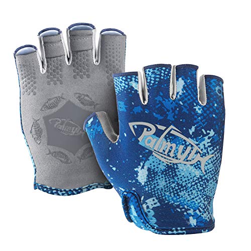 Palmyth Stubby UV Fishing Gloves Sun Protection Fingerless Glove Men Women UPF 50+ SPF for Kayaking, Paddling, Canoeing, Rowing, Driving - color: Blue Camo, size: Large