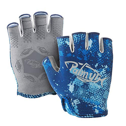Palmyth Stubby UV Fishing Gloves Sun Protection Fingerless Glove Men Women UPF 50+ SPF for Kayaking, Paddling, Canoeing, Rowing, Driving - color: Blue Camo, size: Small