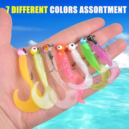 Grub Lures Fishing Jigs Head Hooks Kit- Crappie Jigs Soft Plastic Grub Tail Worm Lure Bait Buster Tubes Baits for Bass Trout Saltwater Freshwater Fishing - color: 17pcs kit
