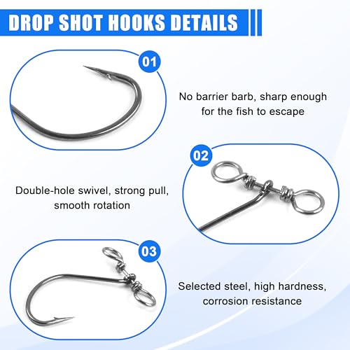 Drop Shot Fishing Hooks-30/60Pcs Spin Shot Hook in-line Drop Shot Rig with Swivel High Carbon Steel Fishhook Worm Hook for Bass,Perch, Carp, Catfish Walleye - size: 30pcs