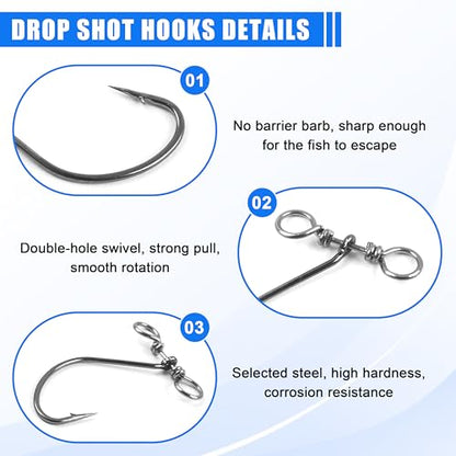 Drop Shot Fishing Hooks-30/60Pcs Spin Shot Hook in-line Drop Shot Rig with Swivel High Carbon Steel Fishhook Worm Hook for Bass,Perch, Carp, Catfish Walleye - size: 30pcs