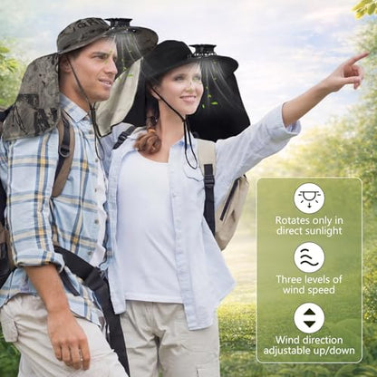 Maiteenly 2 Pcs Solar Fan Hat for Men with Neck Flap Bucket Fan Buit in Hats for Hiking Fishing Outdoor USB and Solar Powered - color: Black, Military Green